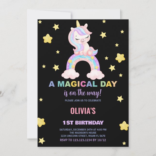 Invitaciones de cumpleaños de Rainbow Unicorn (Anverso)