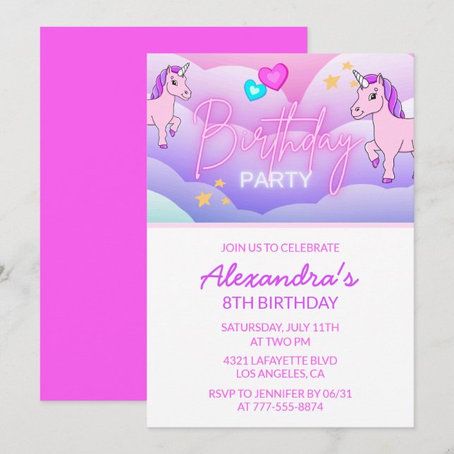 Invitaciones de cumpleaños de Rainbow Unicorn 8Pin (Anverso / Reverso)