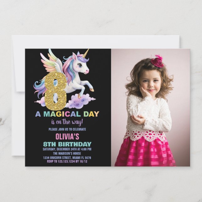 Invitaciones de cumpleaños de Rainbow Unicorn con  (Anverso)
