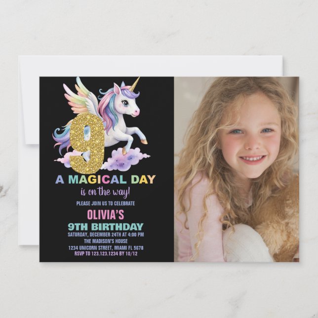 Invitaciones de cumpleaños de Rainbow Unicorn con  (Anverso)