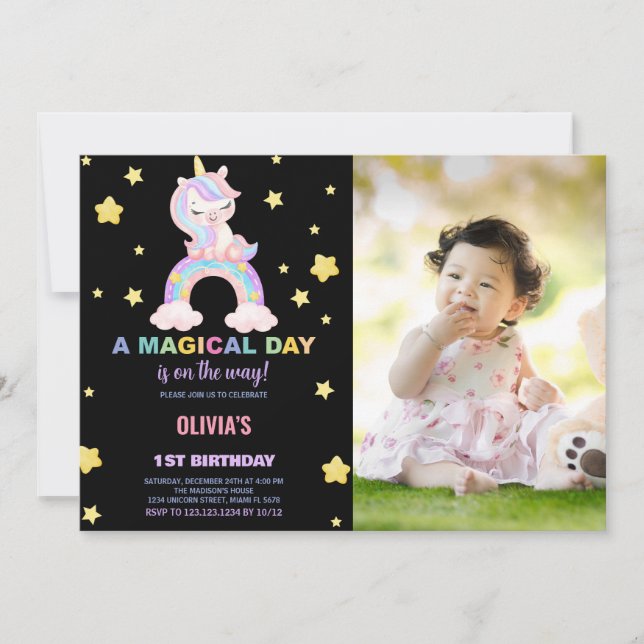 Invitaciones de cumpleaños de Rainbow Unicorn con  (Anverso)