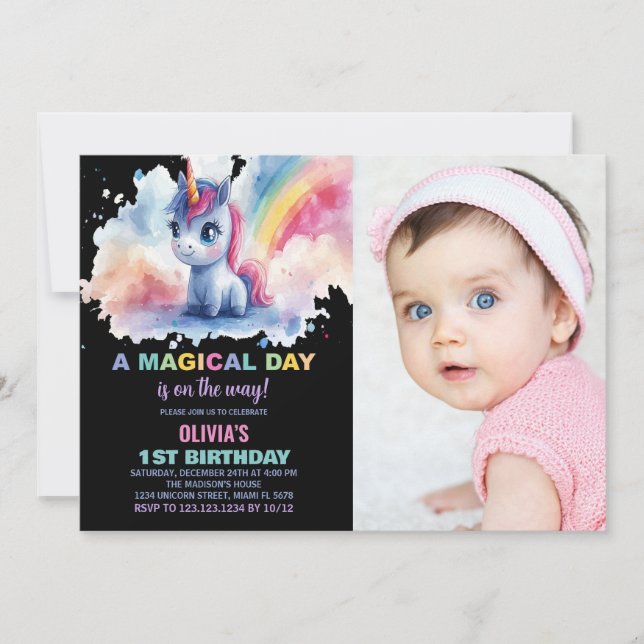 Invitaciones de cumpleaños de Rainbow Unicorn con  (Anverso)