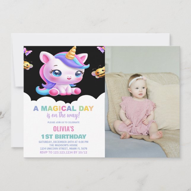 Invitaciones de cumpleaños de Rainbow Unicorn con  (Anverso)