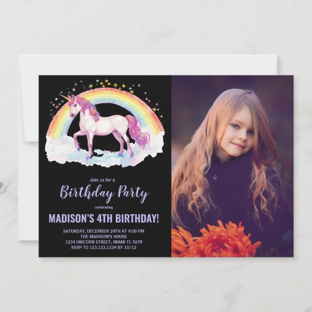 Invitaciones de cumpleaños de Rainbow Unicorn con  (Anverso)