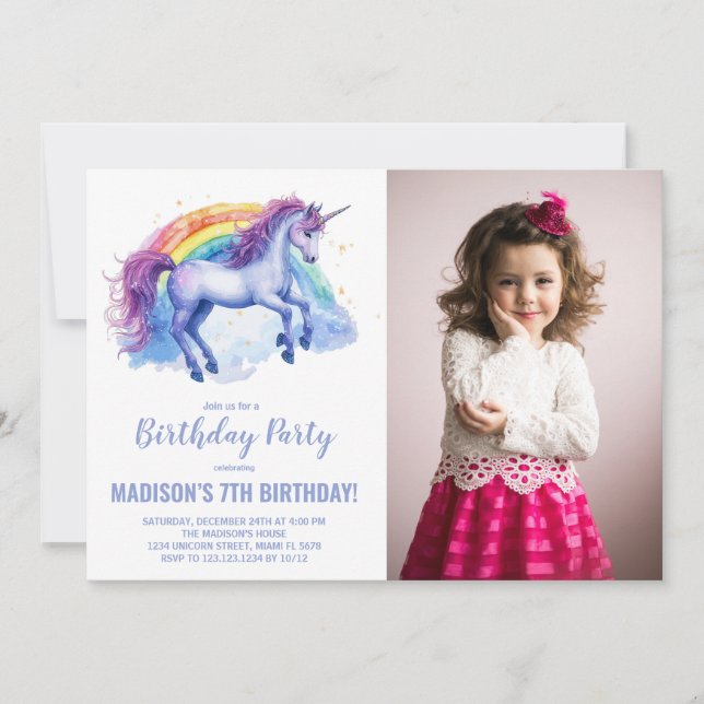 Invitaciones de cumpleaños de Rainbow Unicorn con  (Anverso)