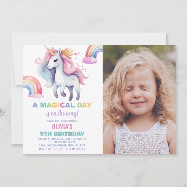 Invitaciones de cumpleaños de Rainbow Unicorn con  (Anverso)