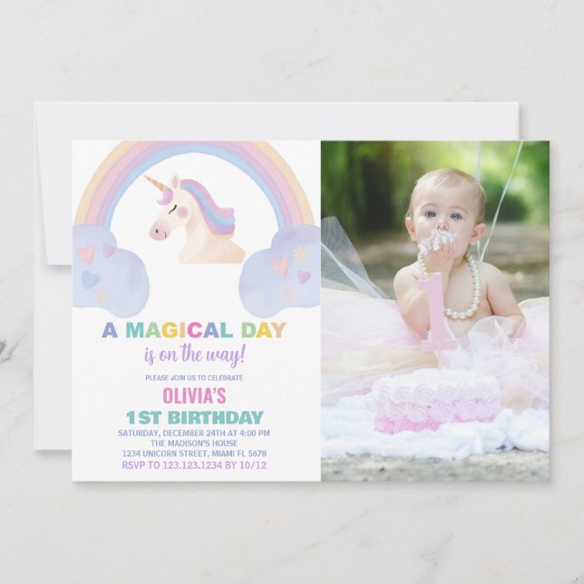 Invitaciones de cumpleaños de Rainbow Unicorn con  (Anverso)