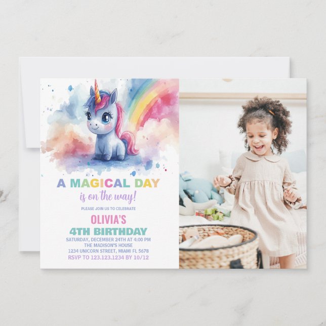 Invitaciones de cumpleaños de Rainbow Unicorn con  (Anverso)