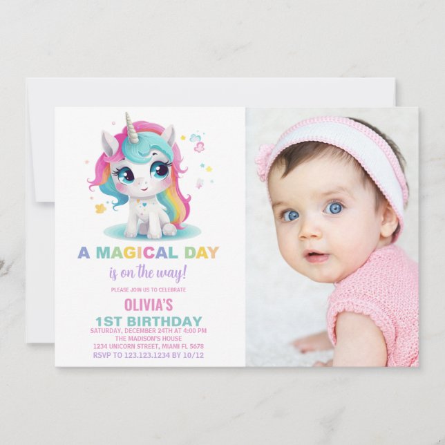 Invitaciones de cumpleaños de Rainbow Unicorn con  (Anverso)