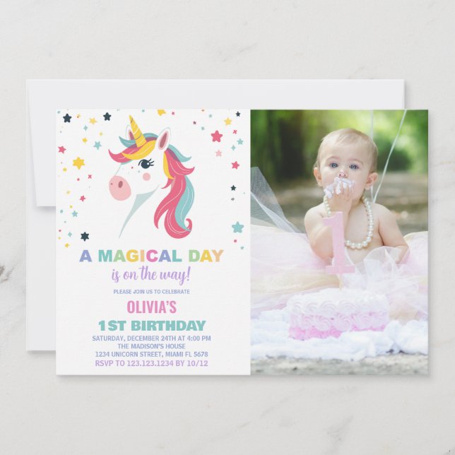 Invitaciones de cumpleaños de Rainbow Unicorn con  (Anverso)