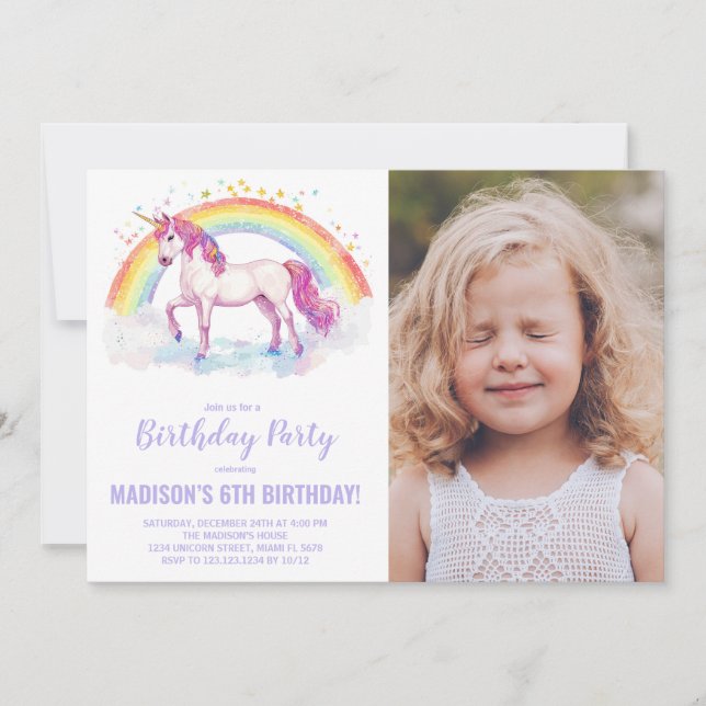 Invitaciones de cumpleaños de Rainbow Unicorn con  (Anverso)