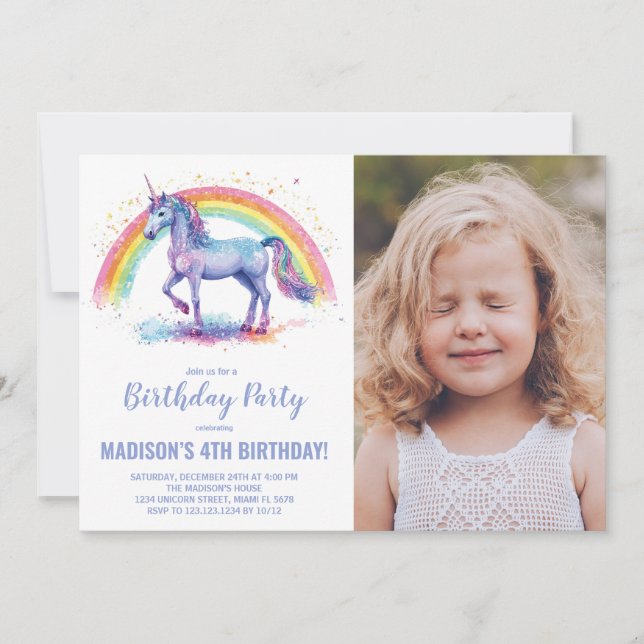 Invitaciones de cumpleaños de Rainbow Unicorn con  (Anverso)
