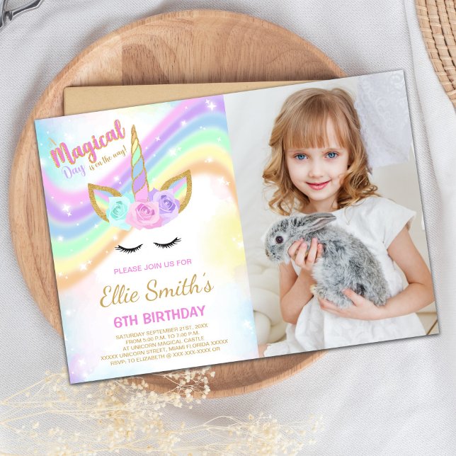 Invitaciones de cumpleaños de Rainbow Unicorn con  (Rainbow Unicorn Birthday Invitations with photo)
