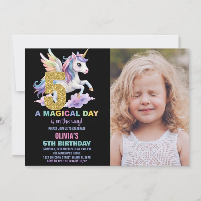 Invitaciones de cumpleaños de Rainbow Unicorn con  (Anverso)