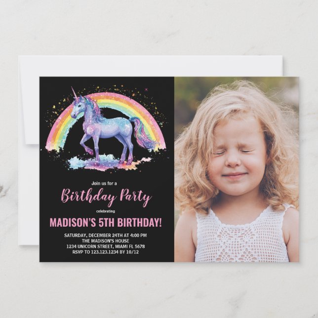 Invitaciones de cumpleaños de Rainbow Unicorn con  (Anverso)