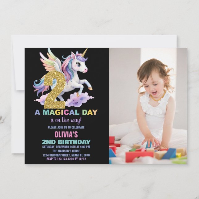 Invitaciones de cumpleaños de Rainbow Unicorn con  (Anverso)