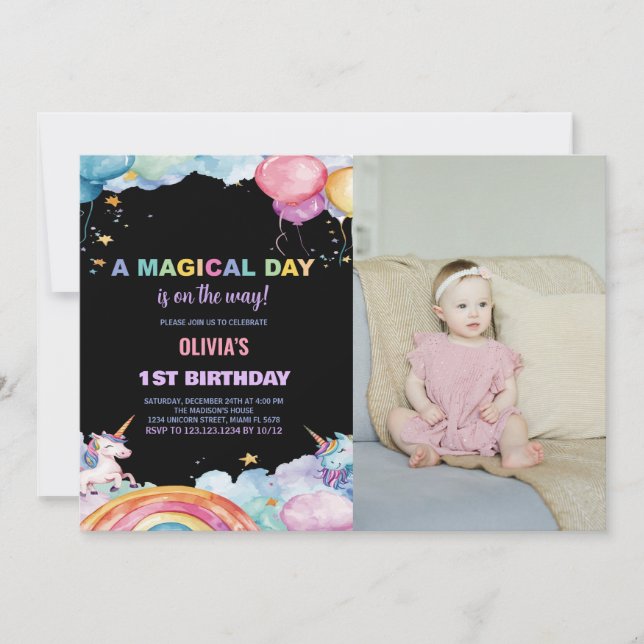 Invitaciones de cumpleaños de Rainbow Unicorn con  (Anverso)