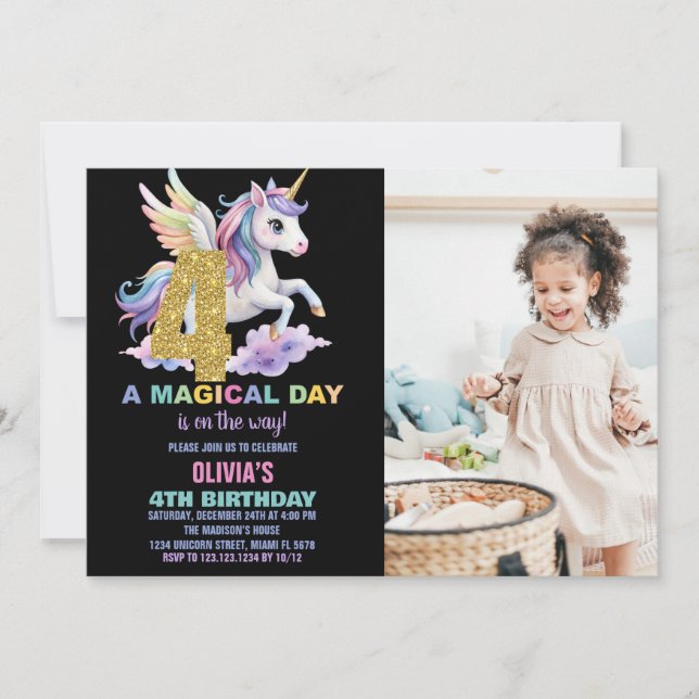 Invitaciones de cumpleaños de Rainbow Unicorn con  (Anverso)