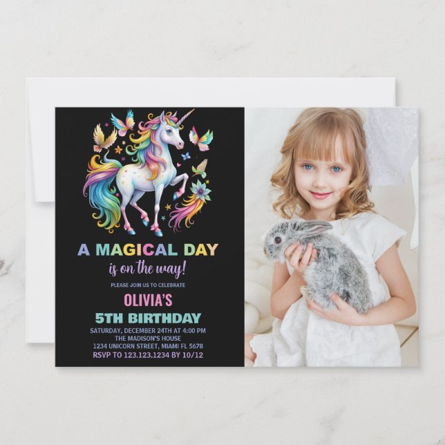 Invitaciones de cumpleaños de Rainbow Unicorn con  (Anverso)