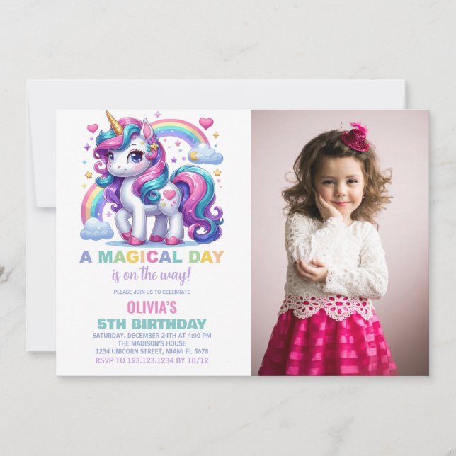 Invitaciones de cumpleaños de Rainbow Unicorn con  (Anverso)