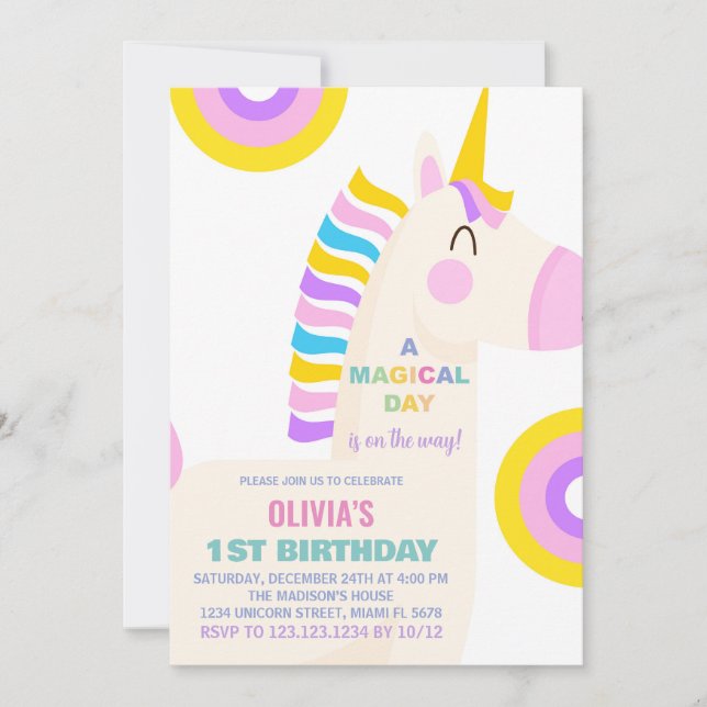 Invitaciones de cumpleaños de Rainbow Unicornio pe (Anverso)