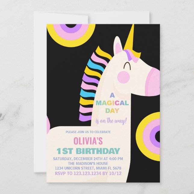Invitaciones de cumpleaños de Rainbow Unicornio pe (Anverso)