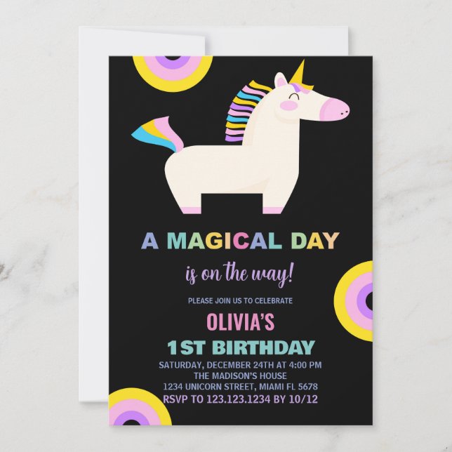 Invitaciones de cumpleaños de Rainbow Unicornio pe (Anverso)
