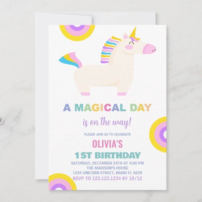 Invitaciones de cumpleaños de Rainbow Unicornio pe (Anverso)