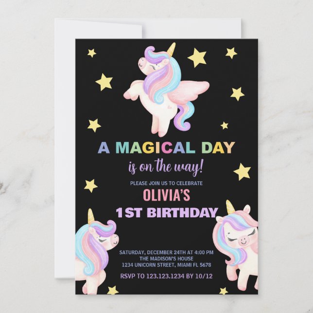 Invitaciones de cumpleaños de Rainbow Unicorns (Anverso)