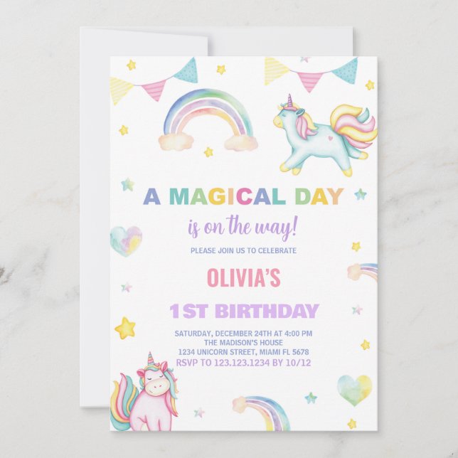 Invitaciones de cumpleaños de Rainbows Unicorn (Anverso)
