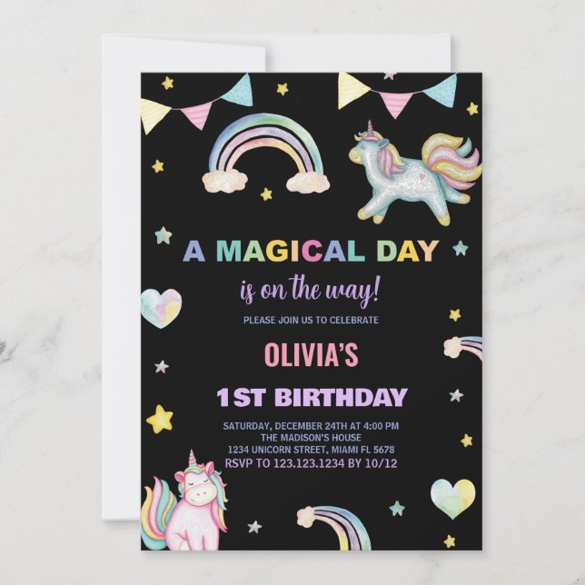 Invitaciones de cumpleaños de Rainbows Unicorn (Anverso)