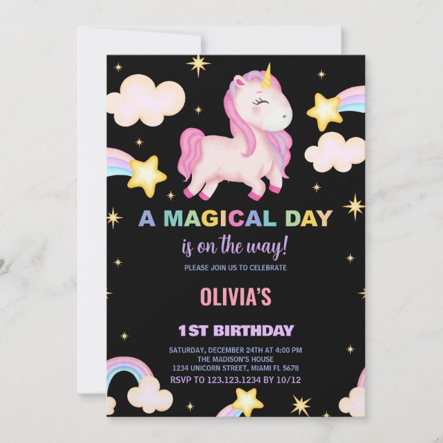 Invitaciones de cumpleaños de Rainbows Unicorn (Anverso)