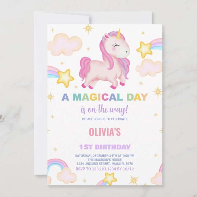 Invitaciones de cumpleaños de Rainbows Unicorn (Anverso)