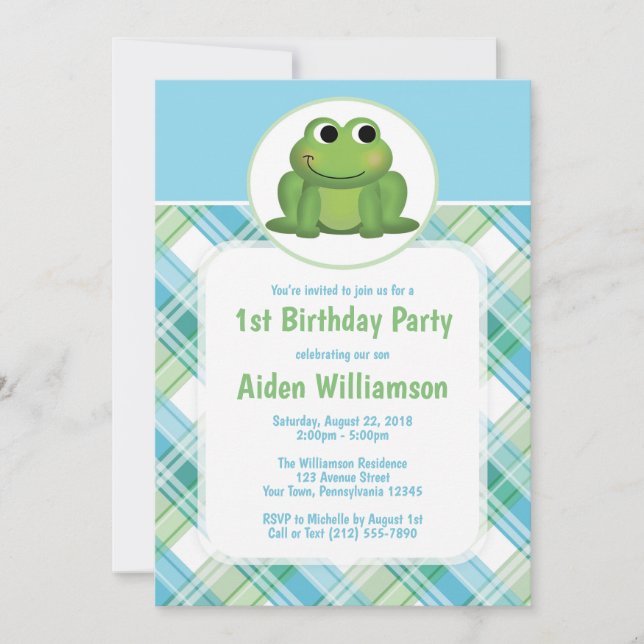 Invitaciones de cumpleaños de Rana Azul Verde Azul (Anverso)