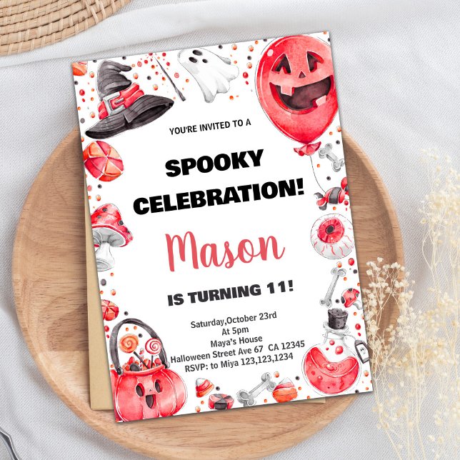 Invitaciones de cumpleaños de Red Ballon Halloween (Red Ballon Halloween Birthday Invitations)