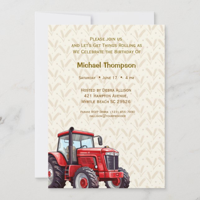 Invitaciones de cumpleaños de Red Tractor (Anverso)