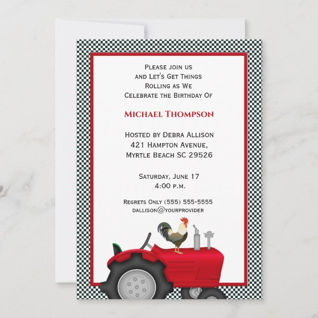 Invitaciones de cumpleaños de Red Tractor (Anverso)