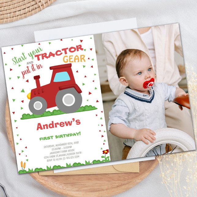 Invitaciones de cumpleaños de Red Tractor con foto (Red Tractor Birthday Invitations with photo)