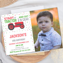 Invitaciones de cumpleaños de Red Tractor con foto