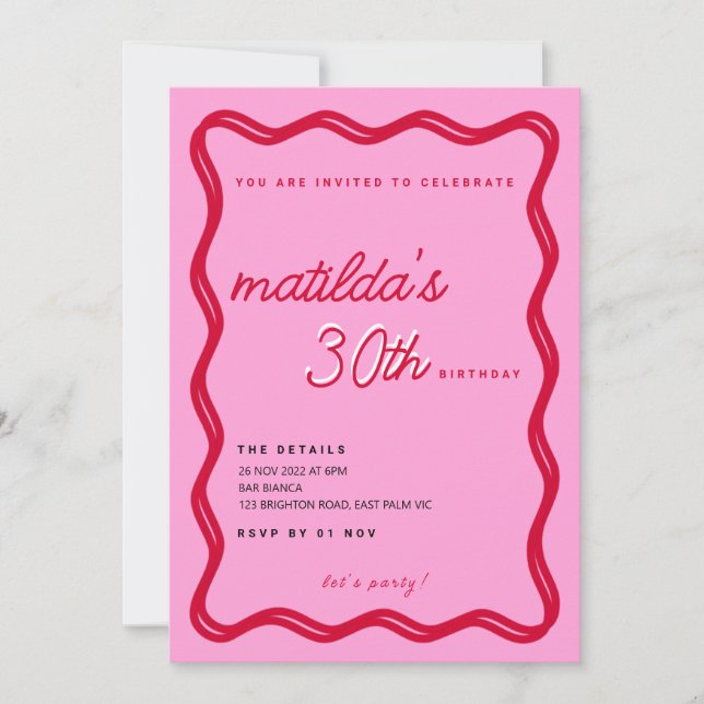 Invitaciones de cumpleaños de Retro Rojo y Rosa (Anverso)