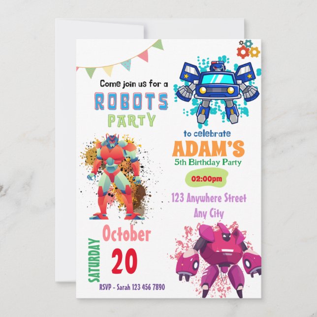 Invitaciones de cumpleaños de Robot coloridas (Anverso)