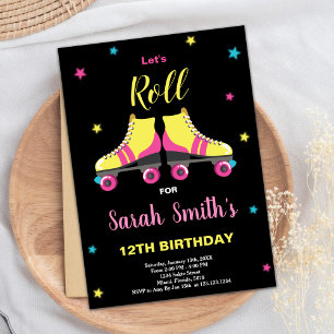 Invitaciones de cumpleaños de Roller Negro Rosado