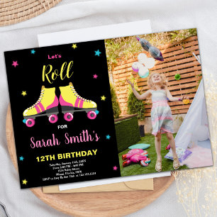 Invitaciones de cumpleaños de Rollo Negro Rosado c
