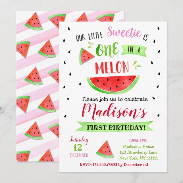 Invitaciones de cumpleaños de sandía (Anverso / Reverso)