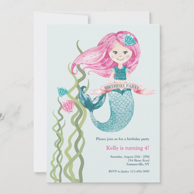 Invitaciones de cumpleaños de sirena (Anverso)