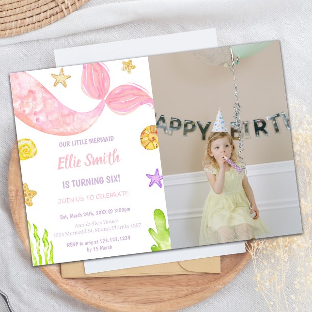 Invitaciones de cumpleaños de sirena de cola rosad (Pink Tail Mermaid Birthday Invitations with photo)