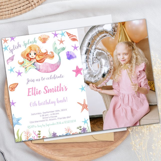 Invitaciones de cumpleaños de sirena de personaliz (Pink Under the sea Mermaid Cards with photo)