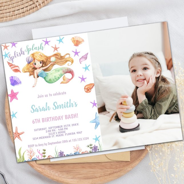 Invitaciones de cumpleaños de sirena de personaliz (Under the sea Mermaid Cards with photo)