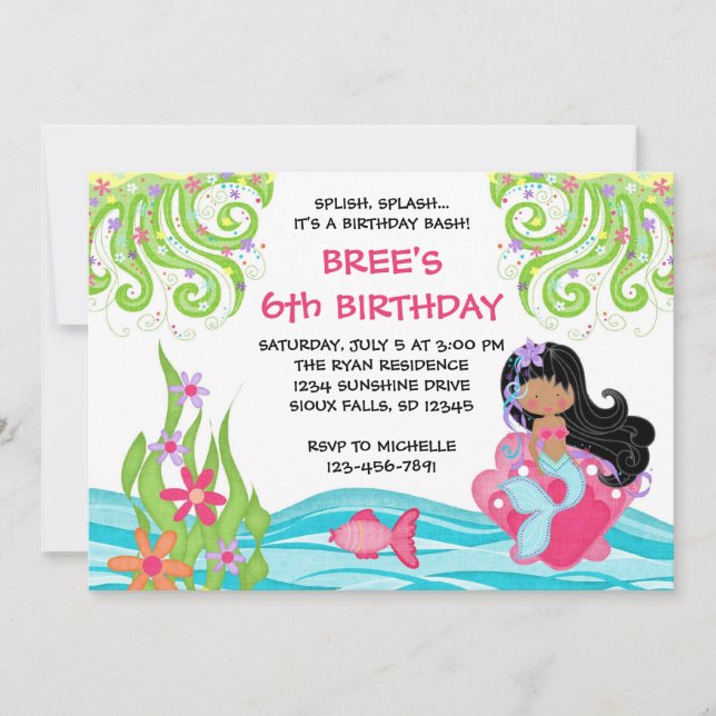 Invitaciones de cumpleaños de sirena de piel oscur (Anverso)