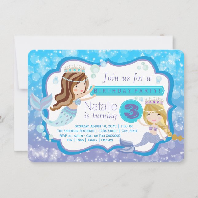 Invitaciones de cumpleaños de sirena linda (Anverso)